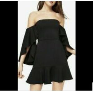 BCBGMAXAZRIA black off shoulder strapless ruffle hem dress